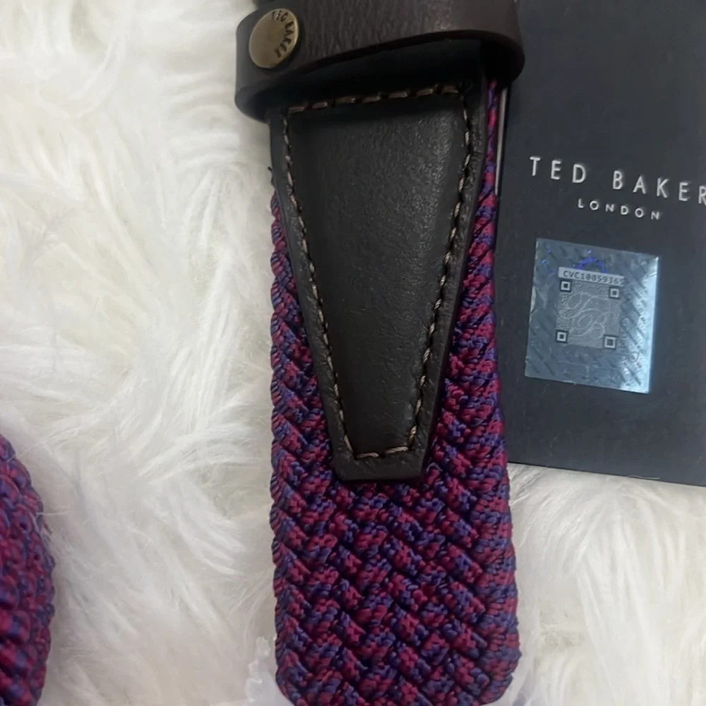 Ted Baker SZ L/XL Braided Purple/Navy Textile & Brown Leather Belt